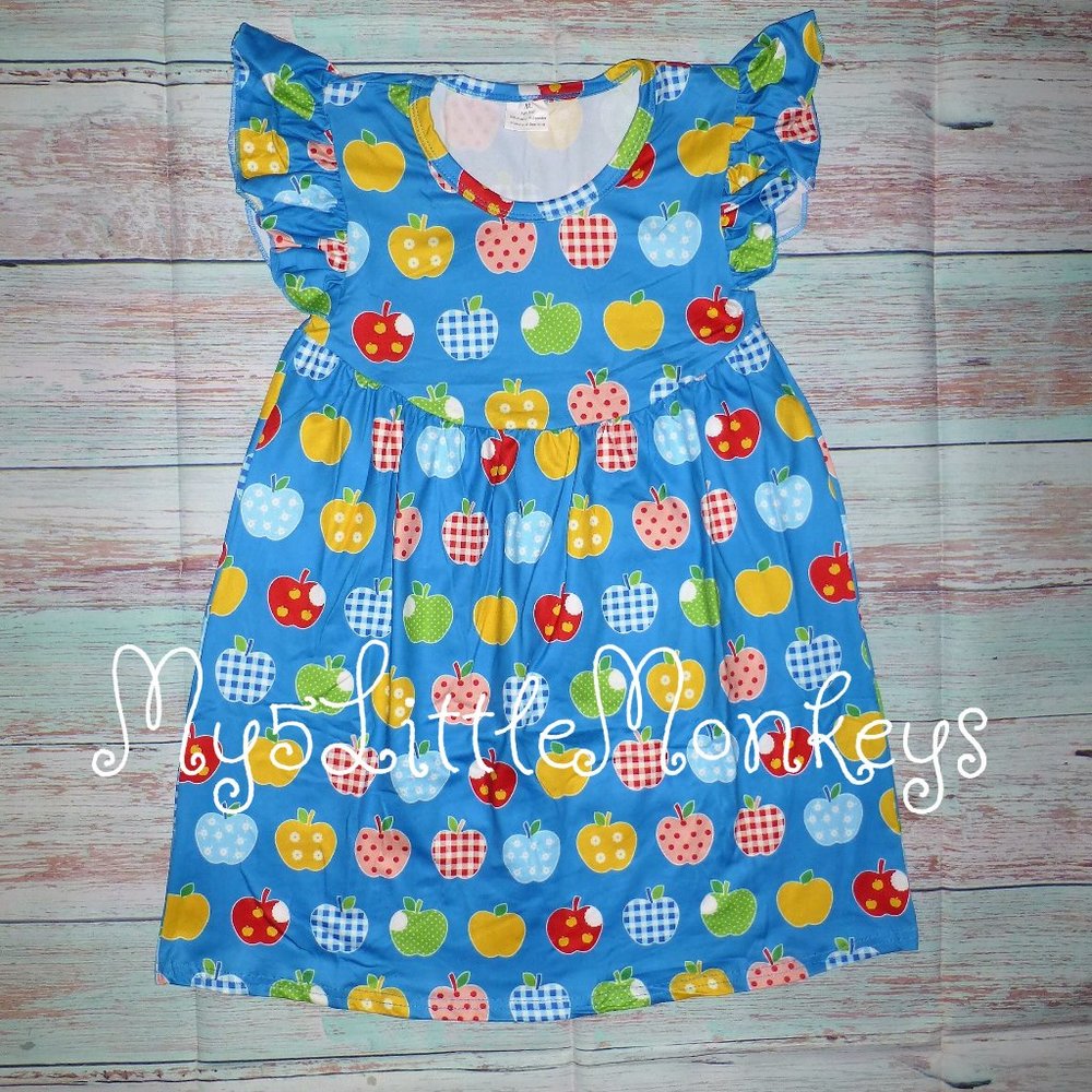 Back to School Girls Blue Apple Dress